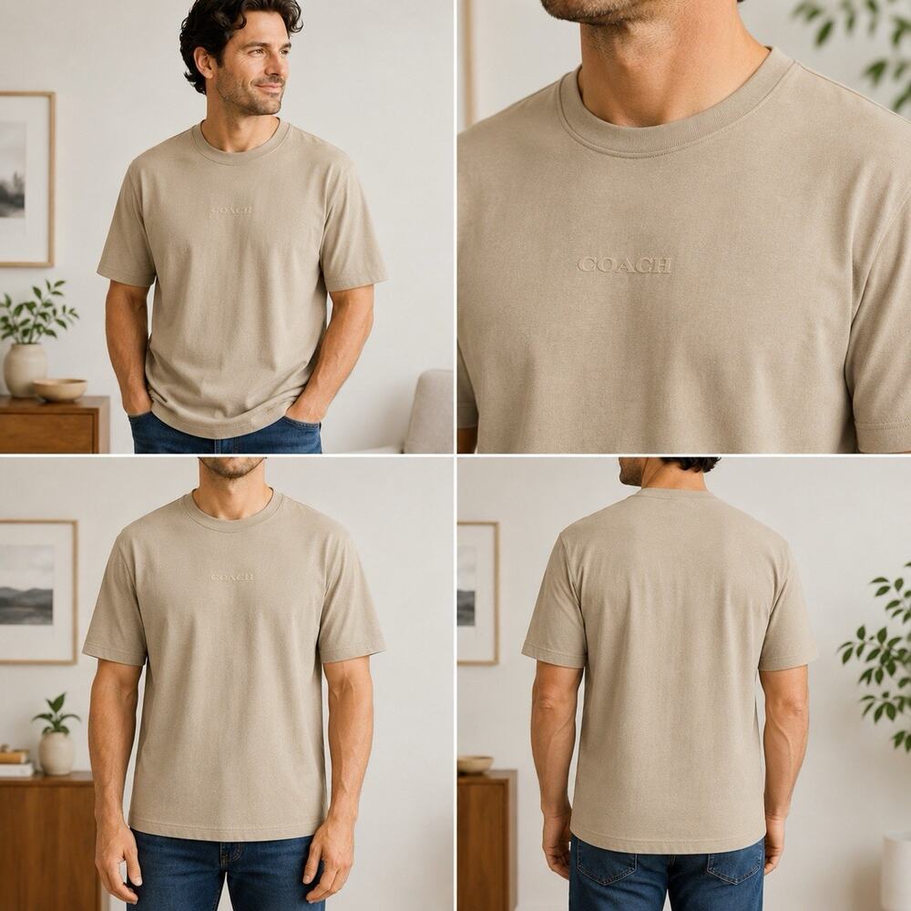 Coach Mens XL Beige Tan Logo T Shirt Short Sleeve Luxury Designer Tee